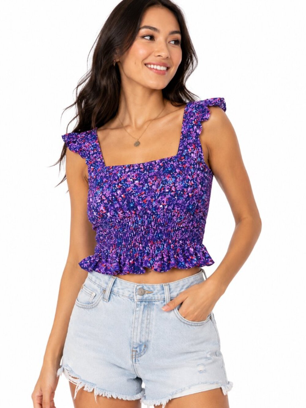 BCBGeneration Purple Floral Smocked Crop Top Ruffle Sleeves Women's Small